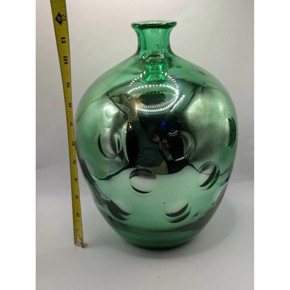 Vintage Uranium Mercury Emerald Green Blown Glass‎ Dimpled Vase MCM Decor 11.5